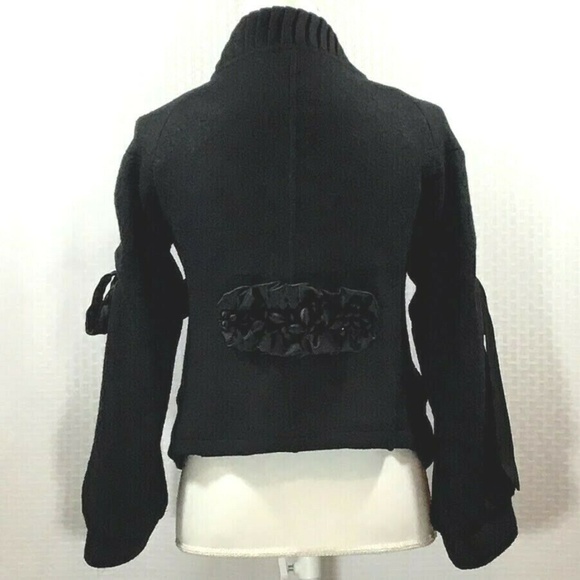 C. LUCE VINTAGE LONG SLEEVE SHORT BLACK COAT JACKET WITH RIBBON TIES - Picture 3 of 10